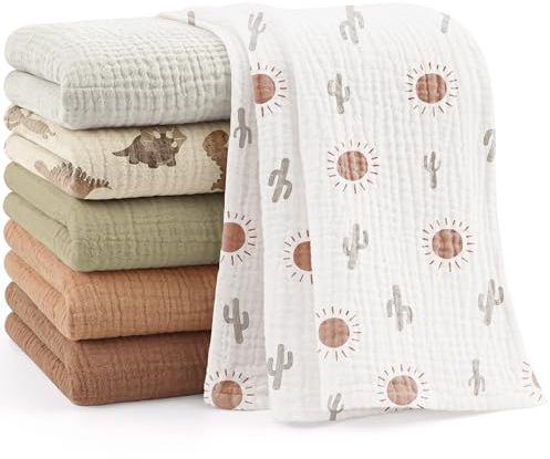 bearmoss Bambino in Mussola Per Neonati Set 6 Pezzi,100% cotone Super Morbido Assorbente in Mussola A Grana Per Neonati Per Bambine E Ragazzi 60x60CM (Sole marrone)