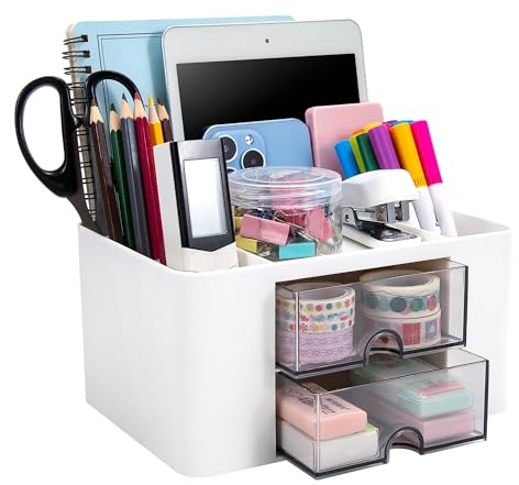 Jesustree Organizer da Scrivania, Multifunzione Organizzatore di Cancelleria in Plastica Porta Penne con 2 Cassetti e 5 Scomparti Accessori da Scrivania per Ufficio Casa Scuola, Bianco