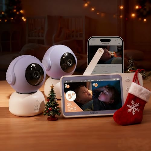 BOIFUN 2K 5 babyphone 2 kamera med telefonapp, 360° rotation, rörelseövervakning och automatisk spårning, anpassad zondetektering, 4X zoom