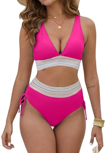 Joligiao Costume da Bagno Donna A Vita Alta Due Pezzi Bikini Set Scollo a V Push up Imbottito Reggiseno Costumi da Mare Donna Costumi da Bagno Controllo della Swimwear per Spiaggia(Rosa Caldo,L)