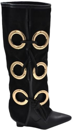 Stivali Donna Alti in camoscio Nero Applicazioni Oro Modello Shark Risvolto Fino a Terra Tacco Zeppa 10 cm con Zip (36 EU)
