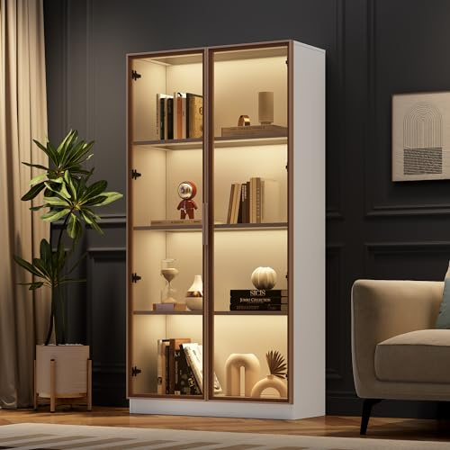 FAYICIC Vetrina in vetro con illuminazione a LED – design a doppia anta, ripiani regolabili, dimensioni: 80 x 40 x 160 cm – adatta come vetrina alta in soggiorno (W)