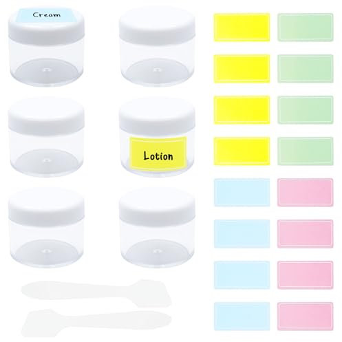 Travel Sample Pots Empty Cosmetic Jars 20ml Clear Cream Container Refillable Containers with Lids Cosmetic Pots with Spoon & Blank Label Stickers for Lotion, Concealer, Sunscreen （ 6Pcs, 20ml)