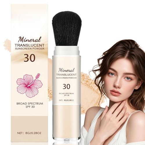 Mineral Powder Sunscreen with Brush,SPF 30 P/owder S/unscreen for Face,Po/wder Sunscreen for Scalp,Loose Face Pow/der Translucent,Fine Powder,Natural Ingredients,Suitable for All Skin,Easy to Use