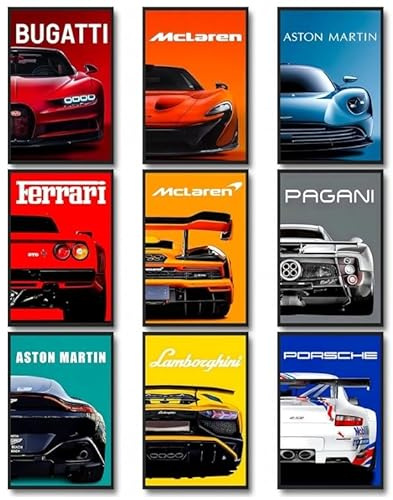 CSLGQGV Car Poster Vintage Racing Car Wall Art Supercar Canvas Prints Painting For Men Room Pictures Guys Dorm Room Aesthetics Decor Bedroom Office (Unframed,8×10inch,9pcs) Colorful car