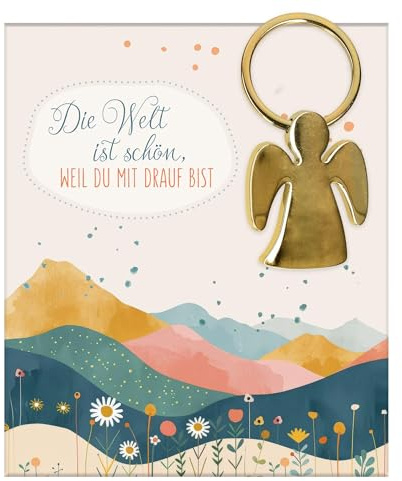 Engel-Schlüsselanhänger aus goldfarbenem Metall: geliefert in Geschenkverpackung mit einem Herzensspruch, 3,5 x 7 cm, Taschenanhänger als christliches Geschenk für Mädchen & Jungen