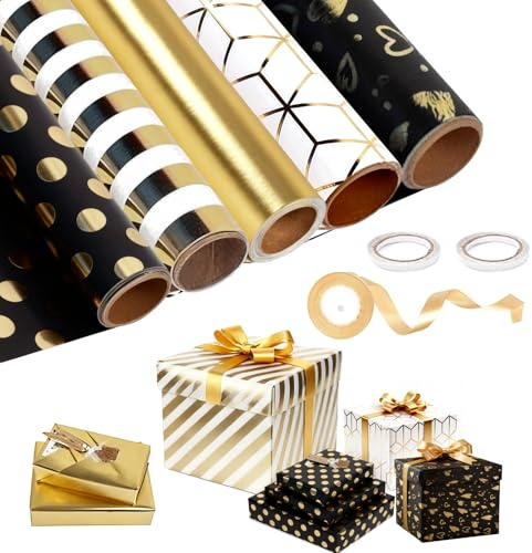 MFUSUL 5 Rollos Papel de Regalo, 43 cm x 300 cm Papel de Regalo Navidad con Cintas y Cinta, Regalo Clásico Rollos de Papel para Cumpleaños, Bodas, Fiestas y Regalos (Negro y dorado)