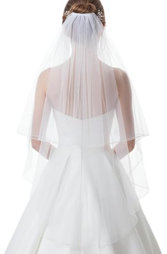Josojoou Bröllopsslöja i två lager med kam och smal kant tyll transparent vit bröllopslöja 60–90 cm Elegent Bridal slöja för möhippa, bröllop, brudfest