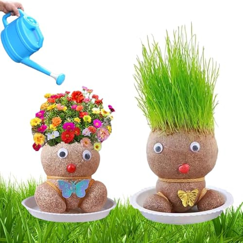 2Pcs Planta De Muñeca con Cabeza De Hierba En Crecimiento, Maceta De Cabeza De Muñeca, Planta Cabez-a Hierb-a Que Crece En Macetas Bonsai Mini, Bonsái De Muñec-a con Cabeza De Hierba con Bandeja (M1)