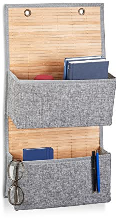 Relaxdays Hängeaufbewahrung Bad und Flur, 2 Fächer Türgarderobe 62 x 33 x 12 cm H x B x T, Bambus und Stoff, grau