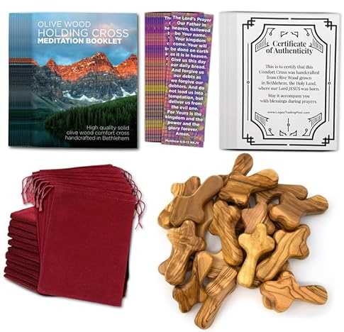 Komfortkors, förpackning med 20, bulk, olivträ, liten (7 cm), meditationsbön häfte, herres bön pass along cards och äkthetsintyg. Klämande palmkors.