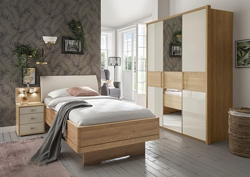 WIEMANN Kiruna Bett, Einzelbett, Bettgestell 100 x 200 cm, Eiche, Futonbett, Komforthöhe, Polster-Kopfteil, Kunstleder, schwebend