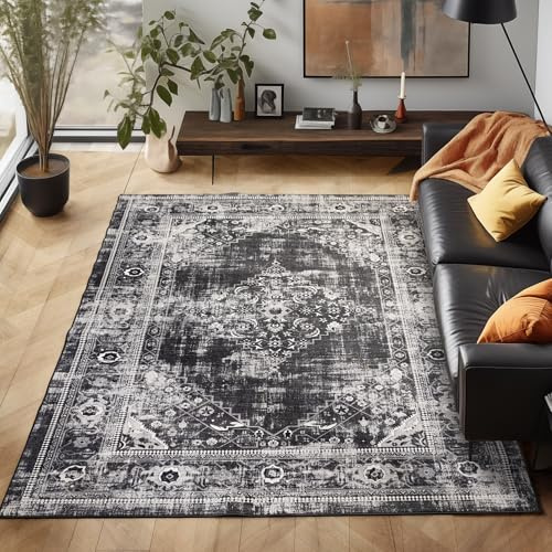 Waschbarer Teppich Flachgewebe Robust Modernes Design Vintage Optik rutschfest Teppich Wohnzimmer, Farbe: Schwarz, Größe: 160 x 230 cm