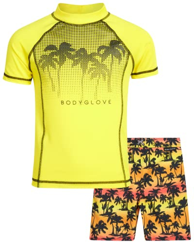 Body Glove Boys Swim Set - 2 Piece Boys Swim Trunks with Rash Guard UV Protection Swimsuit Kids Bathing Suits (Sizes 4-12), Size 12, Orange Neon/Palm Trees