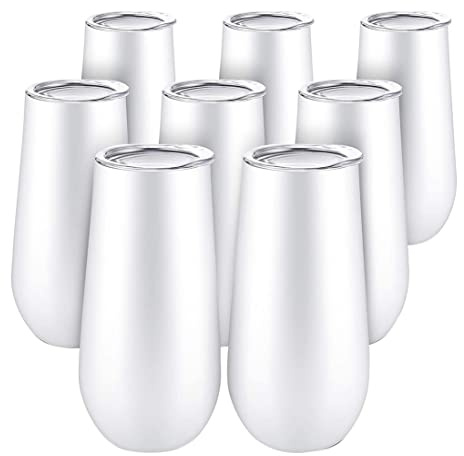 Hausdec 8Packs Stemless Champagne Wine Tumbler, 6 OZ Double-Insulated Wine Tumbler with Lids Cocktail Cups White