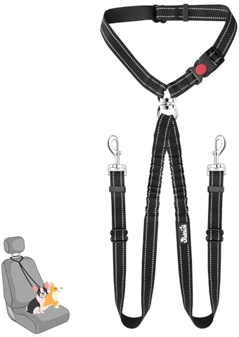 SlowTon Double Dog Seat Belt, New Dual Pet Car Headrest Restraint Safety Seatbelt No Tangle Dog Leash Duty Adjust Elastic Bungee Puppy Lead Splitter Connect Harness in Vehicle Travel for 2 dog (Black)