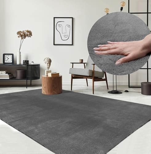 the carpet Relax Moderner Flauschiger Kurzflor Teppich, Anti-Rutsch Unterseite, Waschbar bis 30 Grad, Super Soft, Felloptik, Anthrazit, 300 x 400 cm