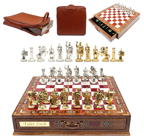 Juego de Ajedrez de Madera GGS Grand Gift Store, Tablero de Ajedrez Premium, Medieval, Rojo, 38 cm x 38 cm x 0.1 cm, 1 Jugador, Edad Mínima: 72 meses