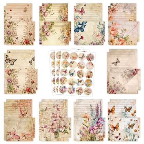 160 Packs Stationery Paper Set (50 Single-Sided Stationery Writing Papers 50 Matching Envelopes) 60 Round Dot Stickers, 10 Design Vintage Stationary Sets,5.5 x 8.25 Inch. (Nature)