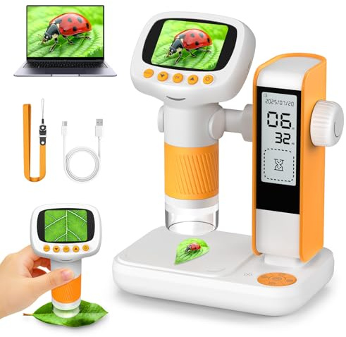 Leipan Microscopio digitale per bambini 2 in 1 con supporto per timer, ingrandimento 1000x, palmare/desktop, schermo IPS da 2, connessione USB PC, 12 vetrine, 8 LED, per laboratorio educativo, età 4