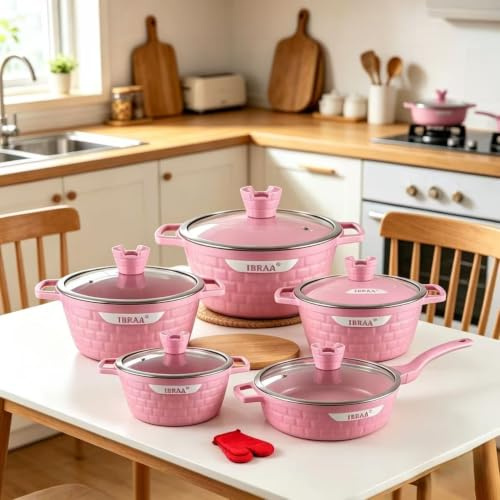 IBRAA 12Pcs Cooking pots/pan, Non-Stick, Induction, Bricks Shape, semi- Thick Glass lid, Two Gloves,Set of Five Cooking pots Including a deep Frying pan. (Pink)