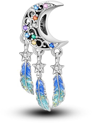 YIXUAN Charms Attrape Rêves Lune Plumes Colorées Charm en argent 925 compatibles avec les bracelets Pandora, bijoux pour colliers, cadeaux d’anniversaire et de Noël pour femmes.