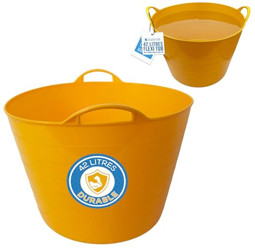 42L Yellow Flexi Tub - Multi-purpose Garden Tubs with Handles - Builders Buckets Heavy Duty - Ideal Plastic Bucket & Flexi Bucket - Durable Flexible Plastic Baskets (PACK OF 1)
