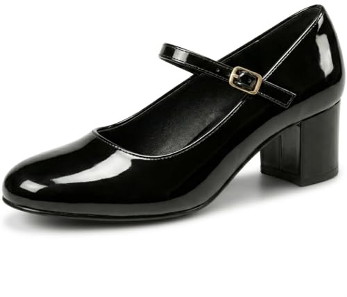 Golden Beads Women’s Elegant Mary Jane Low Mid-Block Heels Pumps Round Toe Cushioned Ankle Strap Court Shoes Work Party Shoes (Black Patent, UK Footwear Size System, Adult, Women, Numeric, Medium, 6)