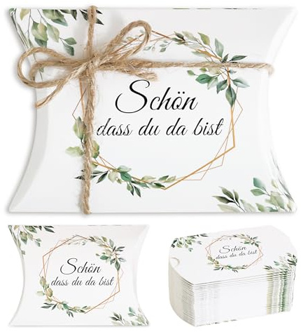 50 Stück Gastgeschenke Hochzeit Schön Dass Du Da Bist Geschenkboxen Kissenschachteln Geschenkschachtel Pralinenschachtel mit Eukalyptus Design für Hochzeit