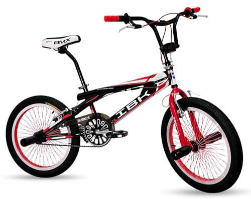 IBK Bici BMX da 20'' pollici, bicicletta Freestyle leggera, Sistema Sterzo Rotore a 360°, poggiapiedi, paracatena, ruota libera, monovelocità, verde, rossa, blu (Rosso)