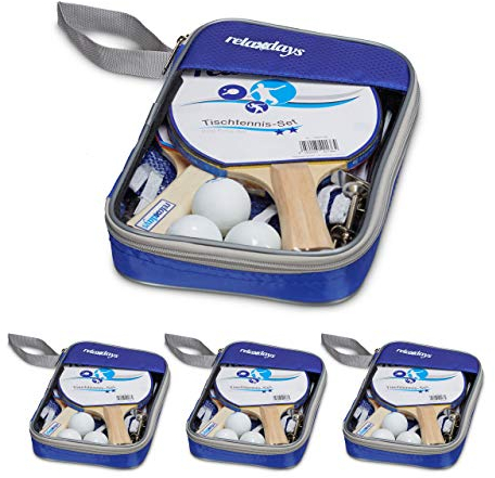 Relaxdays 4 x bordtennis-set, 4 fickor, 8 träkällor, 12 bordtennisbollar, 4 ping-pongnät 150 cm, bordtennistillbehör, blå