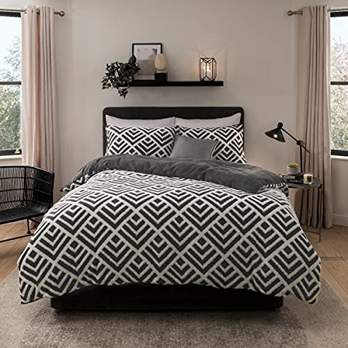 Sleepdown Set di biancheria da letto con copripiumino e federe, in pile jacquard, caldo e super morbido, per letto king size (220 x 230 cm), colore: grigio antracite e bianco