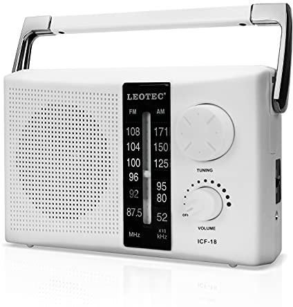 LEOTEC AM FM Radio Transistor Radio Battery or AC Powered with Excellent Reception,Good Sounds Large Speakers,Big and Precise Tuning Knob,Earphone Jack White