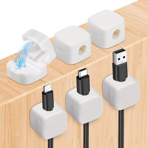 URAQT Organizadores de Cables, 6 Pcs Clips de Soporte de Cable con Magnético Duraderos, Organizador de Cables Autoadhesivo Hogar USB Cargador Oficina y Coche, Blanco…