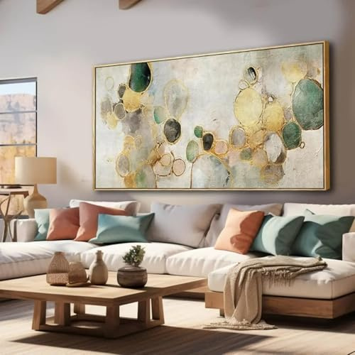 Impresiones de arte en lienzo para pared - Arte de pared grande abstracto con marco de círculo dorado, obra de arte moderna, cuadro verde para sala de estar, dormitorio, oficina, 80 x 160 cm/32 x 63