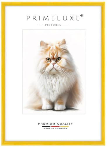 PrimeLuxe Cornice portafoto in legno massiccio, realizzata su misura, sottile, 32 x 45 cm, colore giallo lucido, dimensioni a scelta, con vetro acrilico antiriflesso, cornice per poster, puzzle
