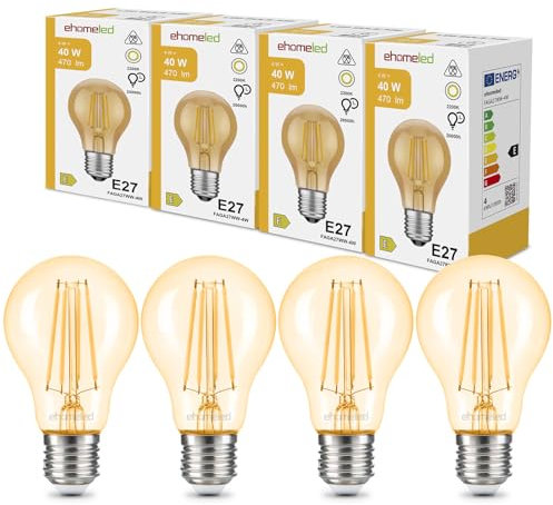 ehomeled E27 LED Edison Glühbirne Vintage Warmweiß (2300K), Goldenes Glas & Filament, 470 Lumen 4W (=40W), Retro LED Birne, Energiesparend, Ideal für Wohnzimmer, Schlafzimmer & Deko, 4er-Pack