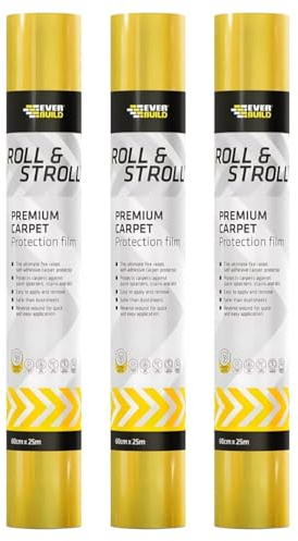 Buildware 3x Roll & Stroll Premium Carpet Protector – Self-Adhesive, Waterproof, Yellow, 600mm x 25m – Easy to Apply & Roll