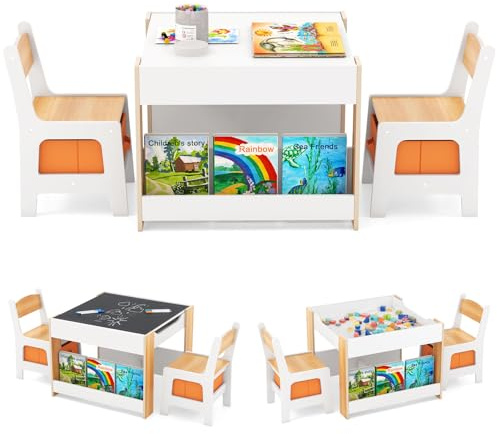 GOPLUS Table Enfant avec 2 Chaises, 4 en 1 Table de Dessin avec Plateau Réversible et Tableau Noir, Petit Bureau Enfant avec 2 Boîtes de Rangement Amovible, Étagères à Livres (Naturel)