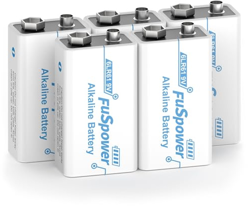 Fuspower 9V Batteries 9 Volt 6LR61 Alkaline Battery with Long-Lasting Power 10 Year Shelf Life for Smoke Detectors Guitar Pickups Microphones 5 Pack
