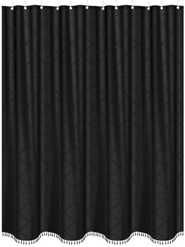 harupink duschdraperi, bohemisk stil badrumsgardin med tofs, mögelresistent vattenavvisande tvättbar duschdraperi av polyester, 180 x 180 cm med 12 duschdraperiringar (svart)