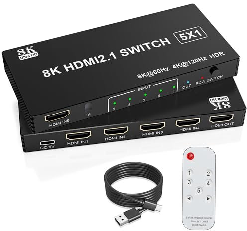 8K HDMI Switch 5 in 1 Out, Hdmi 2.1 Splitter avec télécommande 5 Port Support 3D/HDR/HDCP2.3, HDMI 2.1 Switch Box Compatible avec PS 5/4/3 Xbox DVD Player TV PC
