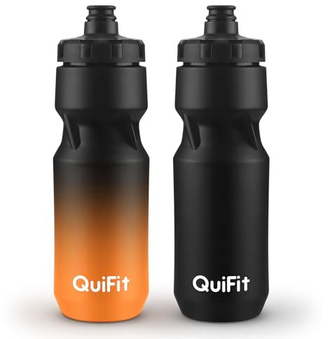 QuiFit Trinkflasche 710ml BPA Frei, Fahrrad Trinkflasche, Rennrad Flasche 2er Pack, Wasserflasche Sport Auslaufsicher Leichtgewicht für Gym, Radfahren, Outdoor, Wandern(Black+Black Orange(2pcs))