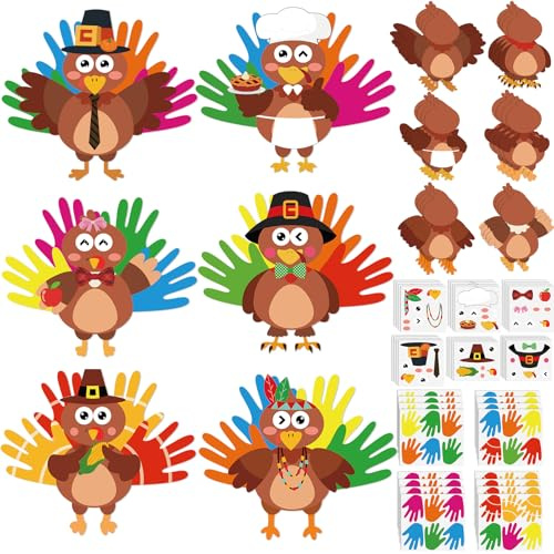 Qyeahkj 24 Sets Thanksgiving Turkey Handprint Craft for Thankful Turkey Paper DIY Arts and Crafts Kit with Handprint Wings Cutout Make Your Own Turkey Thanksgiving Sticker Home Wall Activities