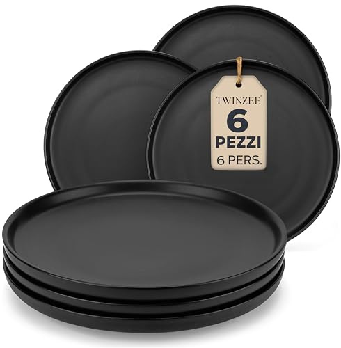Twinzee Platos Vajilla Negros Mate, 6 Personas - Juego de Vajillas Completas de Gres, Aptos Microondas - Elegantes Platos Negro - Colección Ebony