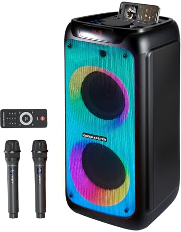 GKD80 Cassa Karaoke per Adulti con 2 Microfoni UHF Wireless, Altoparlante Bluetooth da 600W di Potenza di Picco, 2 Subwoofer da 8, Speaker Portatile per Feste con Telecomando e Ruote, Ideale Feste