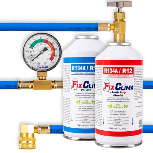 FixClima R134A Kit de Recharge pour Systèmes de Climatisation Automobiles 1994-2016 - Gaz Réfrigérant 3en1 avec Joint d'Étanchéité et Manomètre