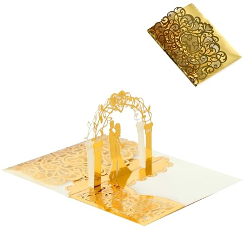 Carte de Mariage Pop-Up 3D Dorée Élégante, Félicitation Originale avec Enveloppe, Carte de Vœux Romantique, Invitation et Félicitations pour Couple de Mariés