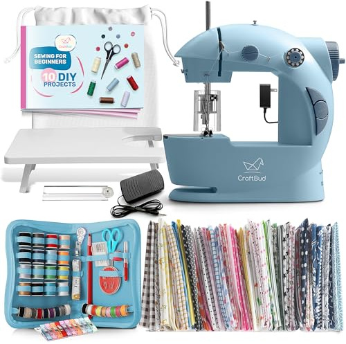 CraftBud Mini Sewing Machine for Beginners, Small Portable Double Speed Sewing Machine for Kids and Adults with Extension Table, 122 Pieces Gift Set Including Fabrics, One