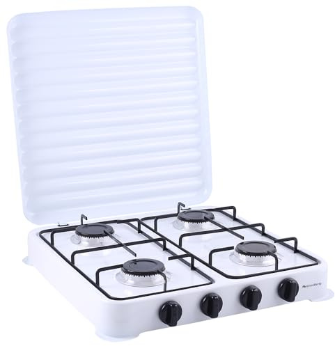 Melchioni Family | Fornello a Gas Modello MINERVA NEW, Quattro Fuochi, Colore Bianco, per Utilizzo Esterno, con Griglia e Fuochi Rimovibili e Coperchio